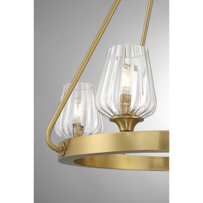 Warm Brass 4-Light Chandelier with Ribbed Glass Shades