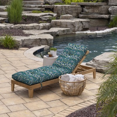 Sapphire Aurora Blue Damask Outdoor Tufted Chaise Cushion, 76 x 22