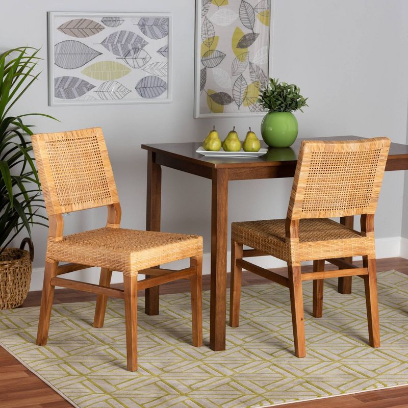 2pc Lesia Rattan and Wood Dining Chair Set Natural/Walnut - bali & pari: Mango Frame, No Assembly Required, 1 of 12