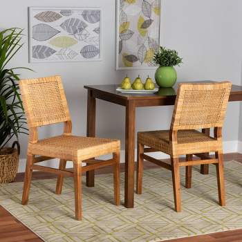 2pc Lesia Rattan and Wood Dining Chair Set Natural/Walnut - bali & pari: Mango Frame, No Assembly Required