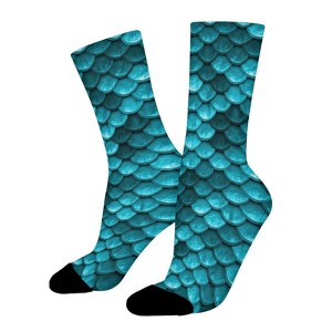 Beautiful Marine Blue Teal Mermaid Fish Scales Women Printed Crew Socks Funny Funky Socks Soft Polyester Novelty Gifts for Artists Men - 1 of 1