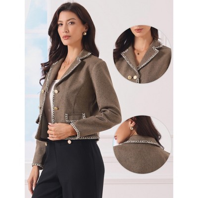 INSPIRE CHIC Women's Dressy Casual Tweed Jacket Double Breasted Long Sleeve Crop Blazer X-Large Brown — фото 2