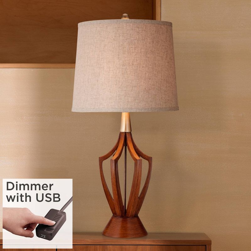 360 Lighting St. Claire Modern Mid Century Table Lamp 30 3/4" Tall Wood USB Charging Port Fabric Drum Shade for Bedroom Living Room Office House Home, 2 of 9