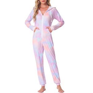 cheibear Women's Tie Dye Union Suit Long Sleeve Jumpsuits with Pockets Pajama Sets - 1 of 4