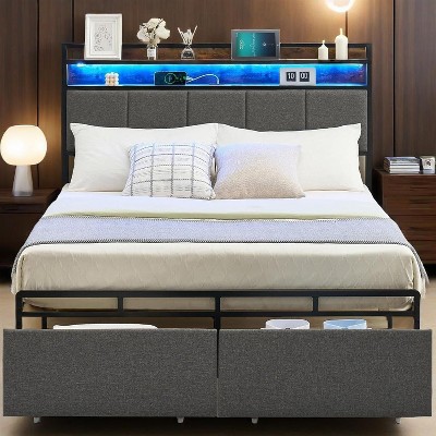 Queen Size Upholstered Platform Bed Frame with Storage Drawers, RGB LED Headboard, USB & Type-C Charging Ports, Velvet Fabric