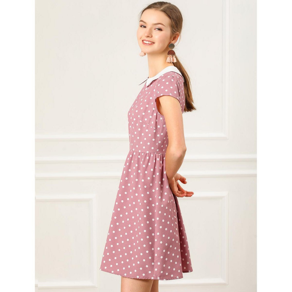 Женские платья INSPIRE CHIC Women's Peter Pan Collar Short Sleeves Contrast A-Line Polka Dots Dress Pink Medium — фото 4