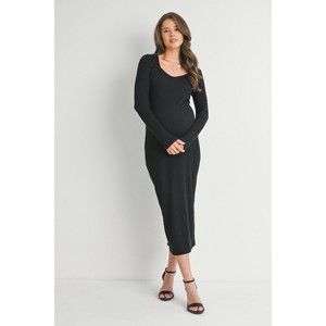 Hello Miz Women's Ribbed Sweetheart Neck Long Sleeve Back Slit Maternity Midi Dress - 1 of 4