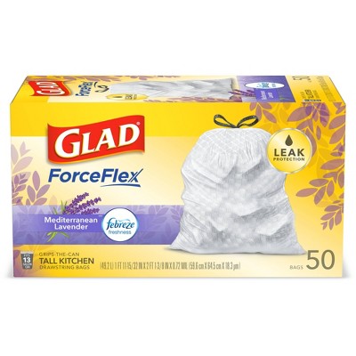 Glad Forceflex Tall Kitchen Drawstring White Trash Bags Mediterranean Lavender Scent With Febreze Freshness 13 Gallon 50ct Target