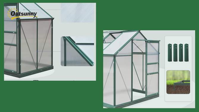 Outsunny 6.2' x 10.3' x 6.6' Polycarbonate Greenhouse, Heavy Duty Outdoor Aluminum Walk-in Green House Kit with Vent & Door, Green, 2 of 13, play video