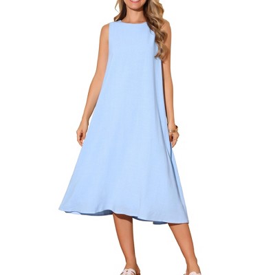 INSPIRE CHIC Women's Linen Sleeveless Crew Neck Shift with Pockets Casual Midi Dress