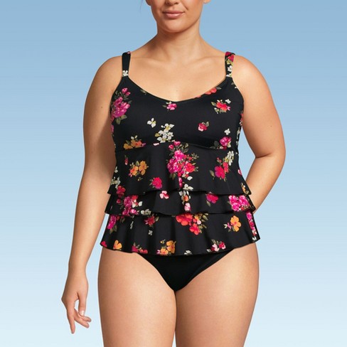 Lands End Women s Plus Size Smoothing Control Ruffle Fauxkini One Piece Swimsuit 26w Black Meadow Floral Target