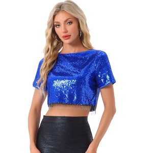 INSPIRE CHIC Women's Sequin Glitter Short Sleeve Cropped Round Neck Tassel Cocktail Party Sparkly Top - 1 of 4