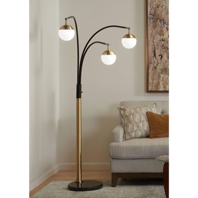 Rayne Black and Gold Adjustable Arc Floor Lamp with Frosted Glass Shades