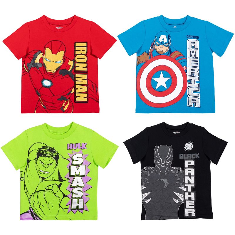Marvel Avengers Black Panther Captain America Iron Man Hulk Little Boys 4 Pack T-Shirt , 1 of 8
