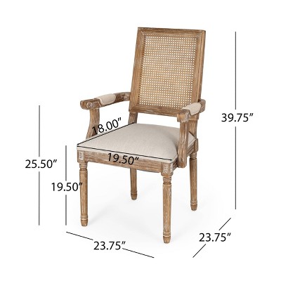 French Country Elegance Beige & Natural Wood Cane Upholstered Arm Chair