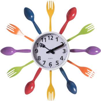 Clockswise Decorative 3D Cutlery Utensil Spoon and Fork Wall Clock for Kitchen, Playroom or Bedroom, Multicolor