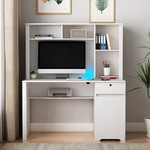 Computer Desk With Hutch and Bookshelf, Farmhouse Home Office Desk Writing Table With Drawer, 3 AC Outlets And 2 USB Charging Ports - 1 of 4