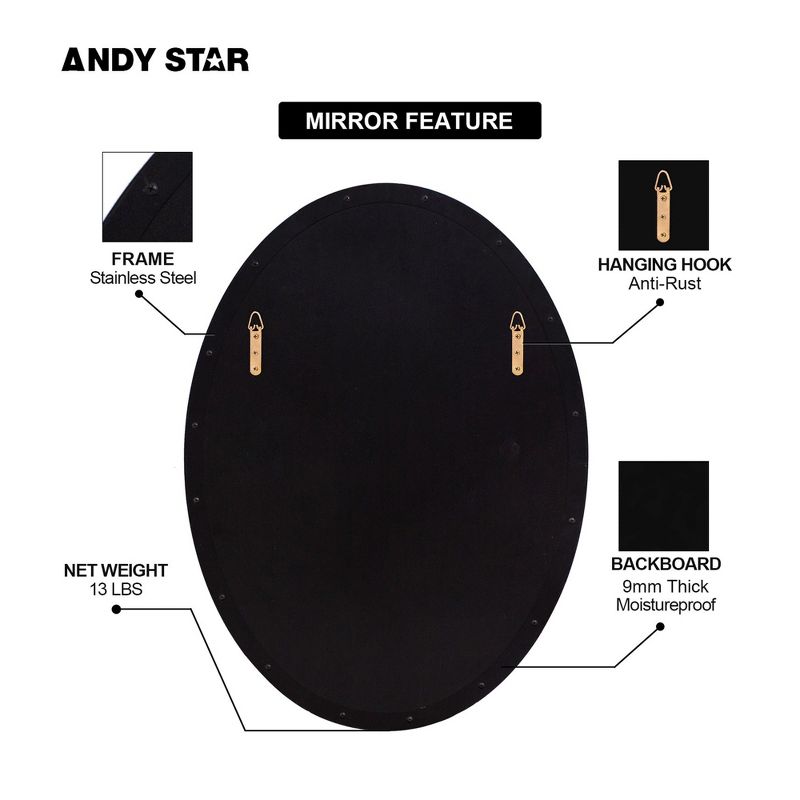 ANDY STAR Modern Decorative 24 x 36 Inch Oval Wall Mounted Hanging Bathroom Vanity Mirror with Stainless Steel Metal Frame, Matte Black, 4 of 7