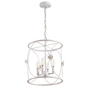 Vintage White Floral Cage Chandelier, 4-Light Farmhouse Pendant Lighting Fixture for Girls Room or Foyer - 1 of 4