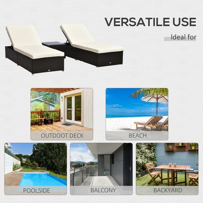 Cream White Cushioned Rattan Outdoor Chaise Lounge Set with Table