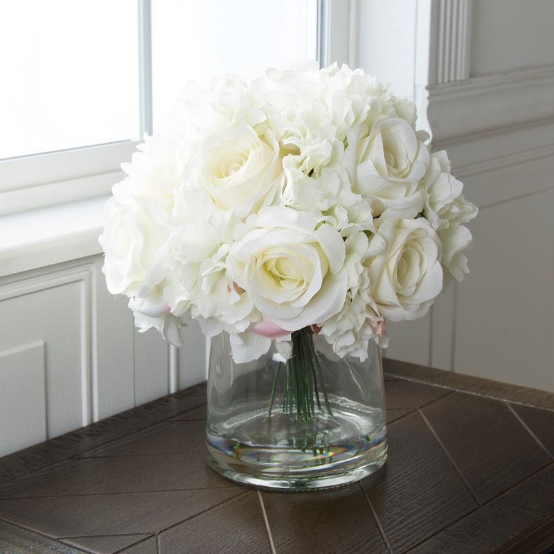 Floral Arrangement with Vase - Realistic Accent with 10 Hydrangeas and 11 Roses in Clear Glass Container with Faux Water by Pure Garden (Cream), 3 of 6
