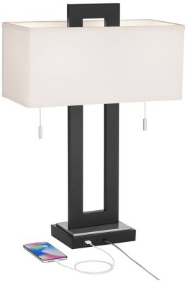 Black Metal USB Table Lamps Set with White Shades