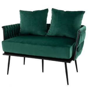 Costway Modern Loveseat Sofa Upholstered Dutch Velvet Couch with Woven Back & Arms Green/Grey - 1 of 4