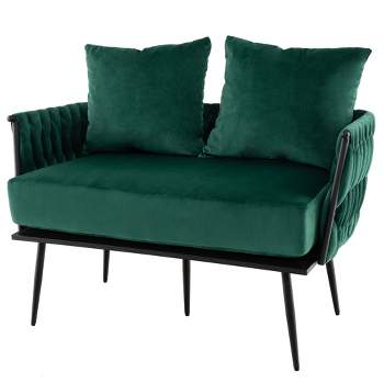 Costway Modern Loveseat Sofa Upholstered Dutch Velvet Couch with Woven Back & Arms Green/Grey