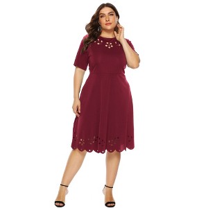 Women's Plus Size Summer Dress Short Sleeve Casual Empire Waist Hollow Neck Design - 1 of 4