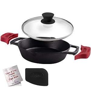 Cuisinel Cast Iron Skillet with Glass Lid - 8" Dual Handle Fry Pan, Scraper & Silicone Covers, Pre-Seasoned, Oven, Grill, Stovetop, Induction Safe - 1 of 4
