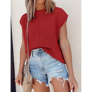 Womens Summer Cap Sleeve Tops Trendy Casual Crew Neck Knit Lightweight Sweater Pullover Top - 1 of 4