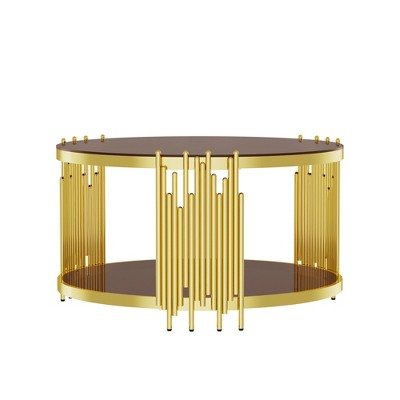 Dolonm Luxury Round Coffee Table: 31.5" Gold Stainless Steel Base & 8mm Brown Glass, 300lbs Capacity, Adjustable Feet - Modern Living Room