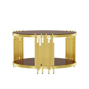 Dolonm Luxury Round Coffee Table: 31.5" Gold Stainless Steel Base & 8mm Brown Glass, 300lbs Capacity, Adjustable Feet - Modern Living Room - 1 of 4