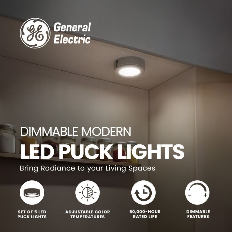 GE 4 Watt Dimmable Modern Easy Linking Corded Electric ‎Ceiling Mount Plastic 5,0000 Hour 3.1 Inch Diameter LED Puck Lights, Set of 5, Silver, 2 of 7