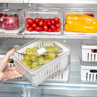 OU Fridge Organizer Bins with Drain Basket & Vented Lid, Clear Stackable Refrigerator Storage Container, Produce Kitchen Storage Bin, BPA Free, 4 Pack — фото 2