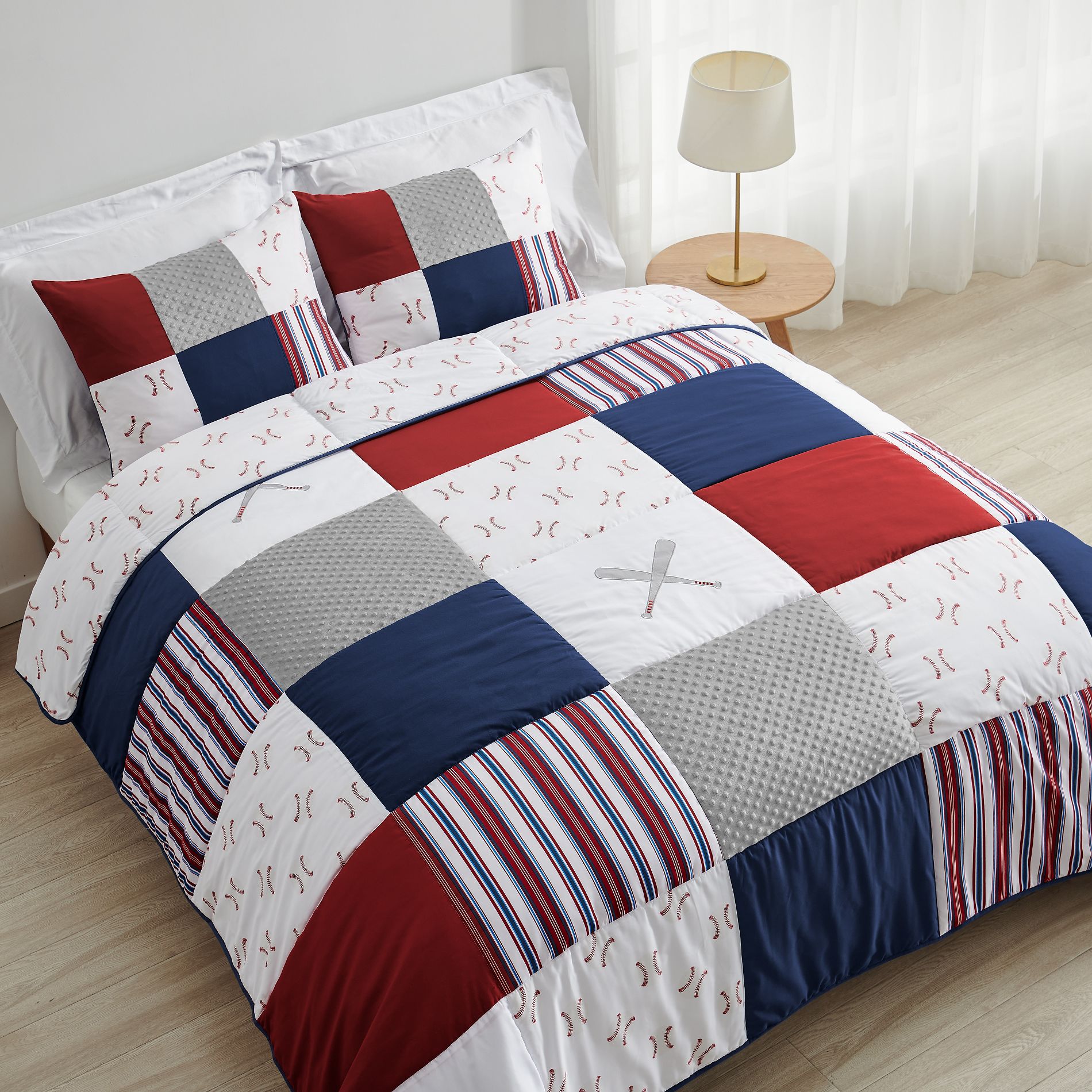 Sweet Jojo Designs Boy Full/Queen Comforter Bedding Set Baseball Patch Red White and Blue 3pc.