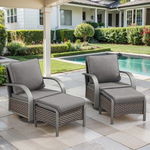POCASSY 4 Piece Patio Furniture Set with Swivel Chairs and Ottomans, Metal Armrest Swivel Outdoor Chair Set Brown Wicker Swivel Patio Chairs for Porch - 1 of 4