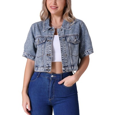 INSPIRE CHIC Women's Short Sleeve Button Up Frayed Washed Denim Jacket