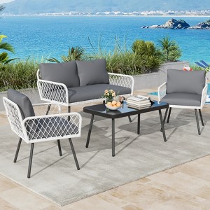 Wicker Outdoor Furniture Set, 4-Piece Patio Sectional Sofa with Handmade Rattan and Metal Frame, Conversation Couch Set with Coffee Table & Ottoman - 1 of 4