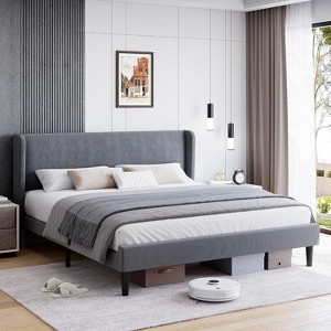 Upholstered Bed Frame with Wingback Headboard, Velvet Upholstery Platform Bed, No Box Spring Needed, Wood Slats Support, Easy Assembly - 1 of 4