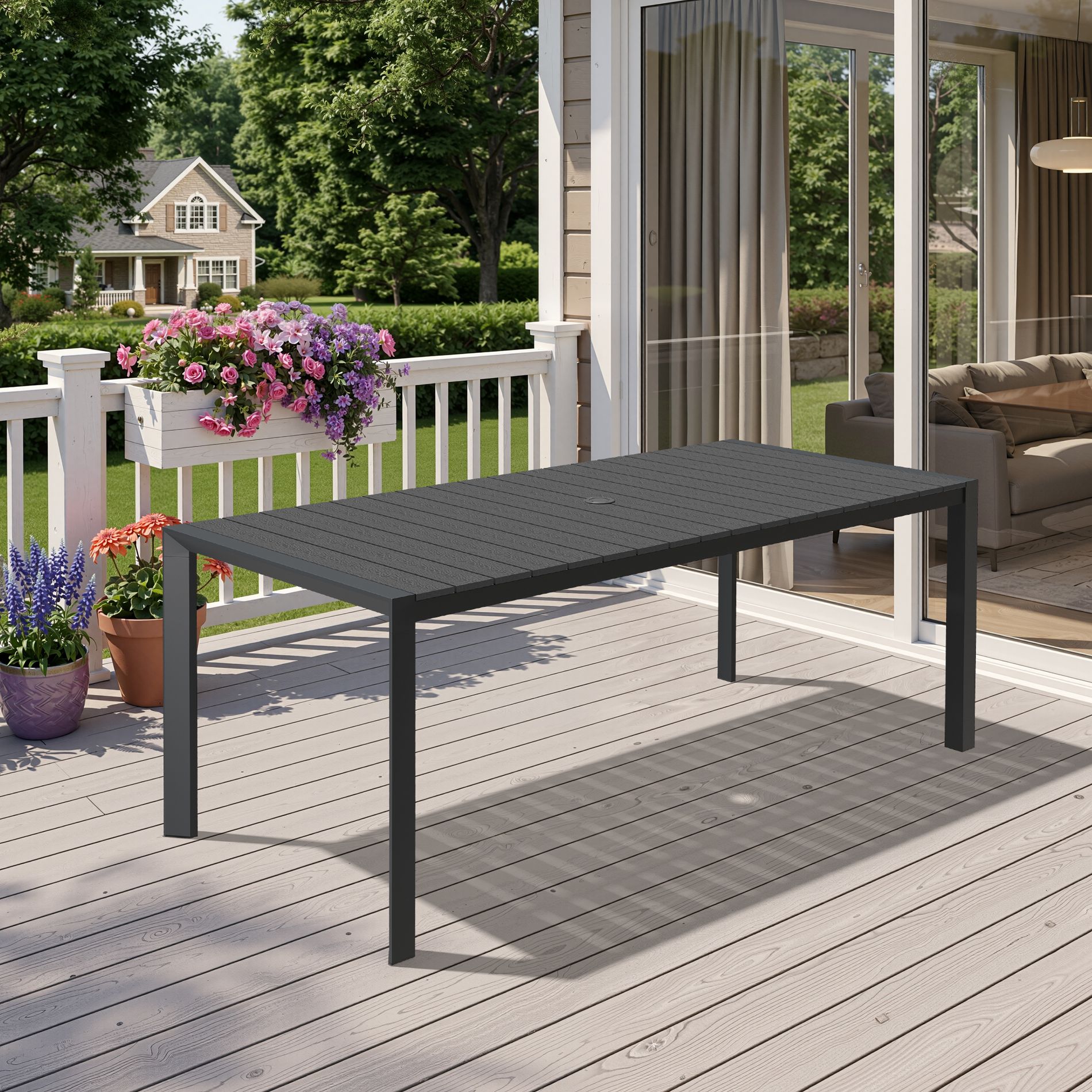 Pellebant 71.4in Outdoor Dining Table Rectangular Patio Table Wood-Look Top Aluminum Frame Umbrella Hole Black