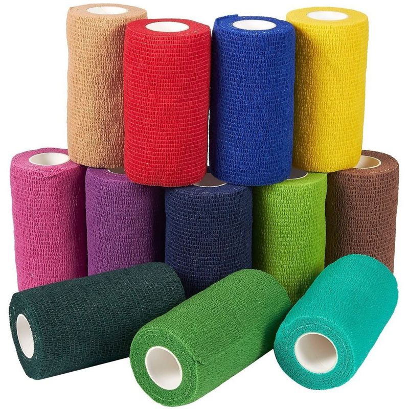 Juvale 12 Rolls Colorful Self Adhesive Bandage Wrap, 4 Inch x 5 Yards Cohesive Vet Tape for First Aid, 12 Colors, 1 of 10