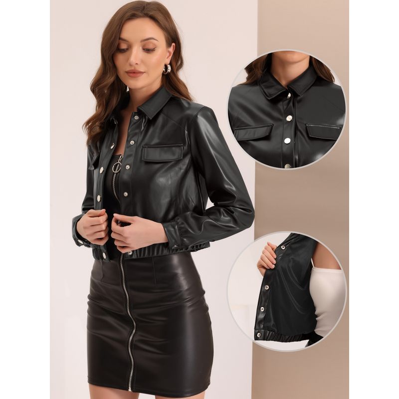 Allegra K Women's Collar Button Front Moto Cropped Faux Leather Jackets, 2 of 7