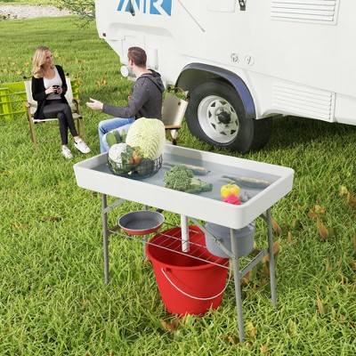 White Folding Steel Ice Cooler Table with Drain and Storage Shelf