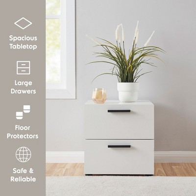 White Chipboard 2-Drawer Nightstand with Black Handles