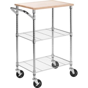 Honey-Can-Do 2 Shelf Chopping Block Cart: Chrome Kitchen Island with Wood Surface & Steel Frame, 3 Doors, 28.5" Depth - 1 of 4