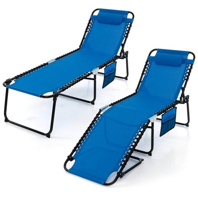 Tangkula 2 PCS Folding Chaise Lounge Portable Lay Flat Reclining Chair w/ 4-Level Backrest Side Pocket