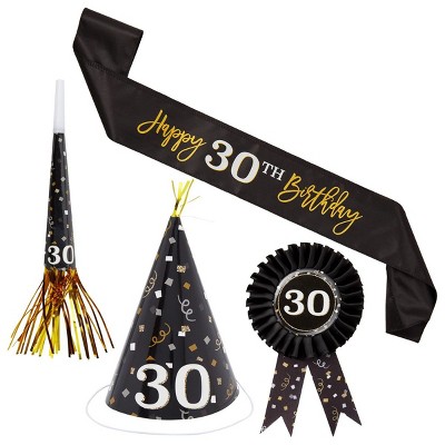 Sparkle and Bash 4 Piece 30th Birthday Party Supplies, Button Pin, Sash, Hat, Blower (Black, Gold)
