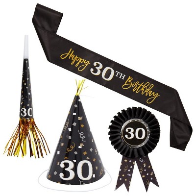 Sparkle and Bash 4 Piece 30th Birthday Party Supplies, Button Pin, Sash, Hat, Blower (Black, Gold)